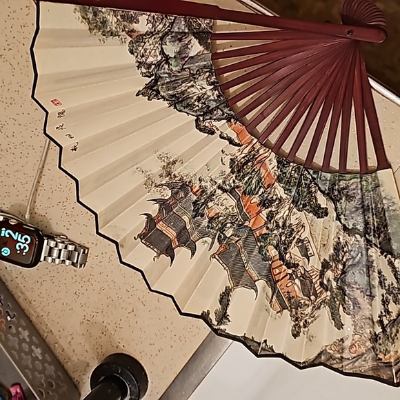 Vintage Large Ornamental Asian Decorative Folding Fan Hand Painted Fabric Wooden - Picture 5 of 5